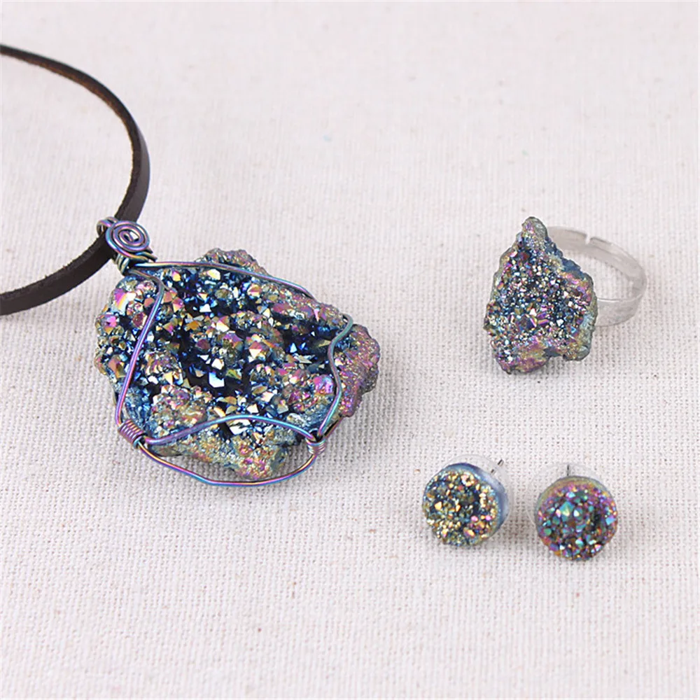 

1 Set Plating Natural Agates Crystal Stone Necklace Pendant Earring Rings Set Jewelry Anniversary Gift For Lover