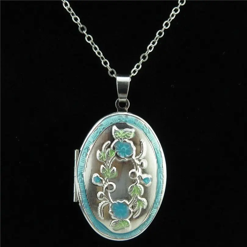 Free shipping Dull Silver Alloy Enamel Blue Flower Oval Photo Picture Locket Necklacelocket
