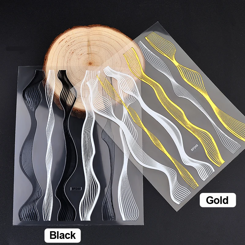 1 лист клей золотой черный металлический стикер для ногтей 3D волнистый дизайн металлические наклейки изогнутая линия Шарм маникюр Дизайн ногтей украшения