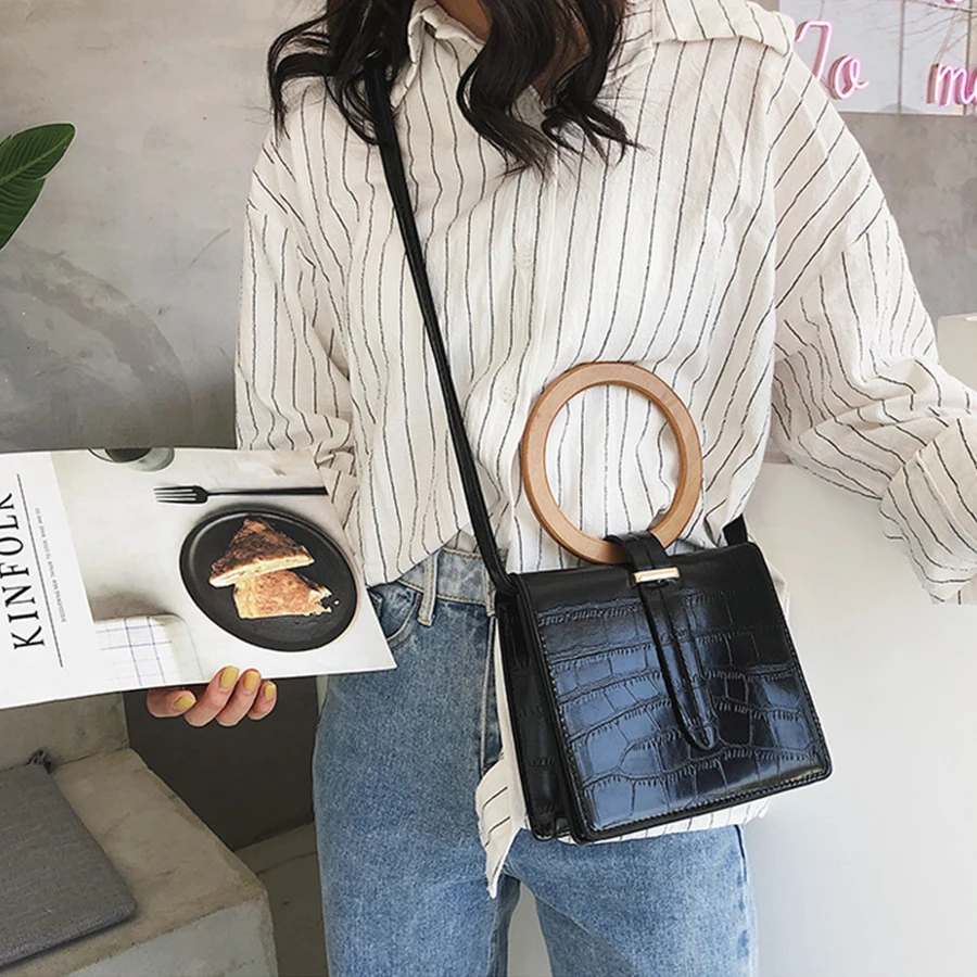 

Crocodile Pattern Round Handle Women's Handbags Simple PU Alligator Crossbody Bag Small Purse Ladies Shoulder Messenger Bag Sac