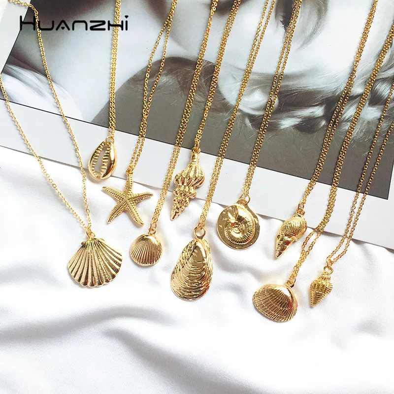 

HUANZHI Summer Alloy Shell Cowrie Conch Starfish Pendant Chain Necklace for Women Girls Simple Personality Ocean Beach Jewelry