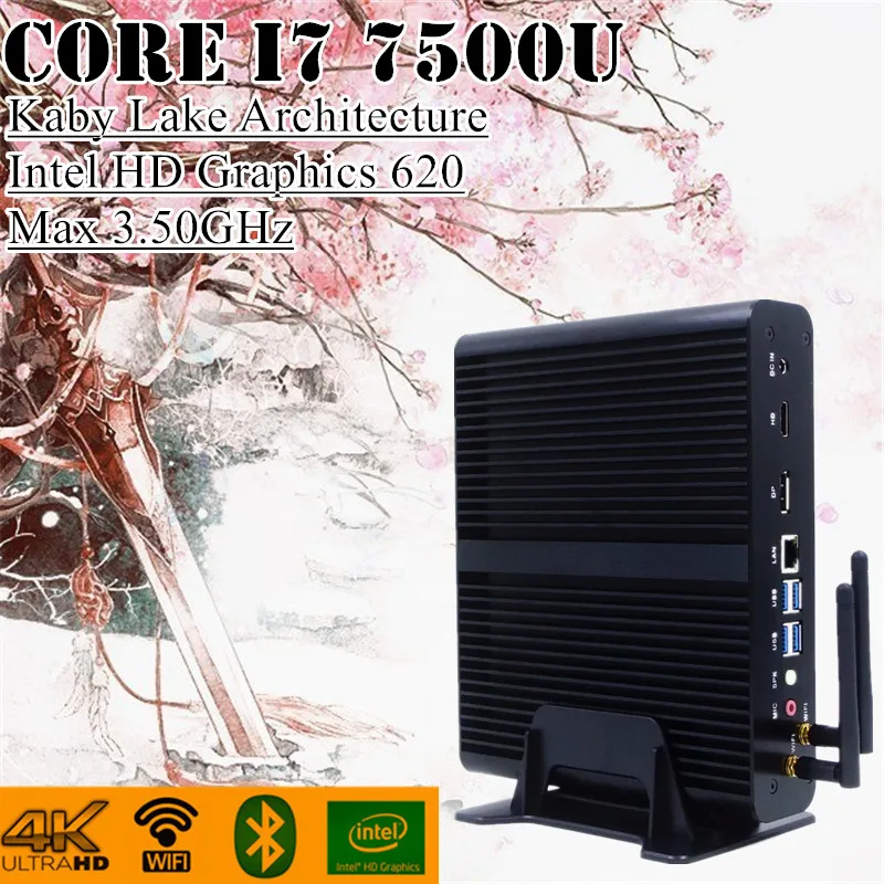 Lowest Price [Topton Core i7 7500U] Max 3.5GHz Kaby Lake Architecture Fanless Mini PC Intel HD Graphics 620 4USB3.0+1USB2.0 TV Box Windows 10