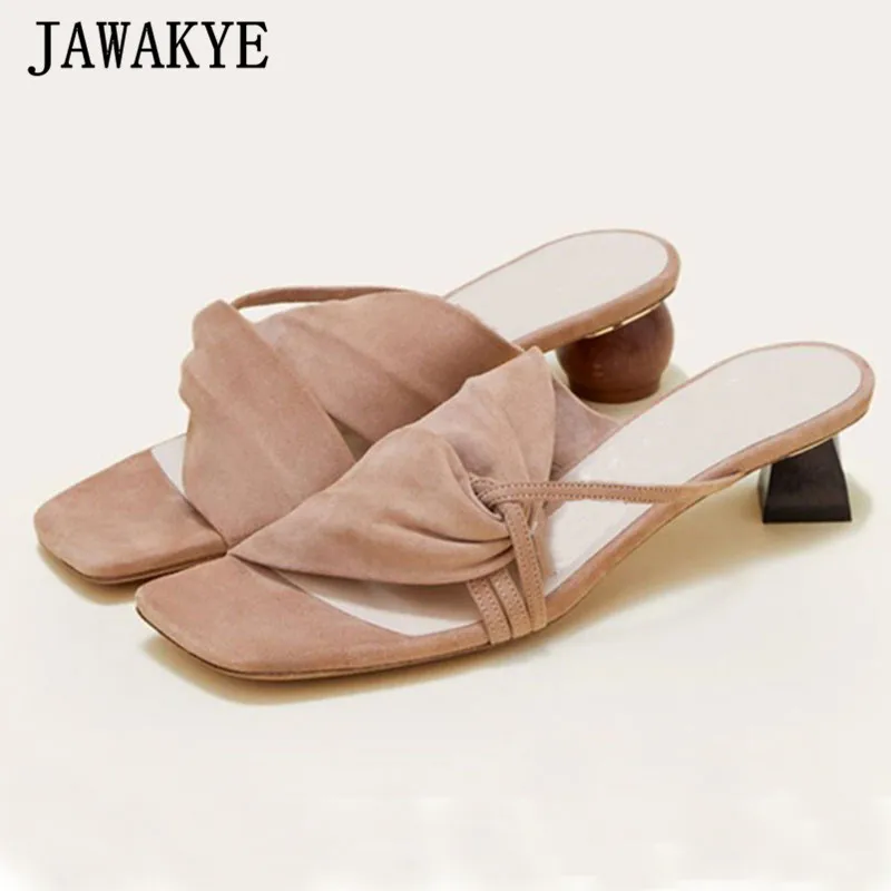 Us 67 62 31 Off Asymmetric Geometry Wood High Heel Slippers Women Kidsuede 2019 Runway Design Sandals Crossover Summer Shoes For Las In