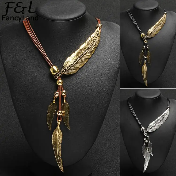 

Chain Fashion Bohemian Rope Pendant Pattern Bronze Necklace Feather Style