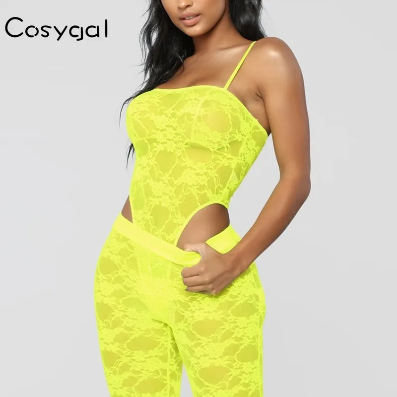 

COSYGAL Lace Transparent Rompers Womens Jumpsuit Spaghetti Strap Sexy Bodysuit And Boot Cut Pant Rompers Women Jumpsuit 2019