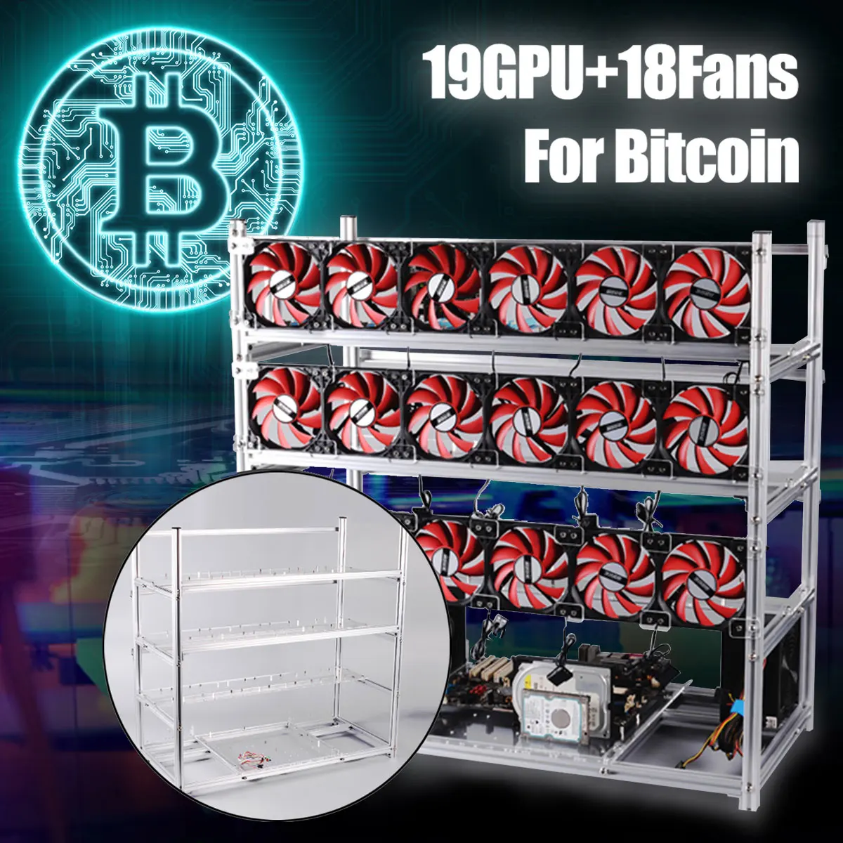 

19 GPU Mining Rig Aluminum Stackable Case Open Air Frame ETH/ZEC/Bitcoin Support 18 Fans
