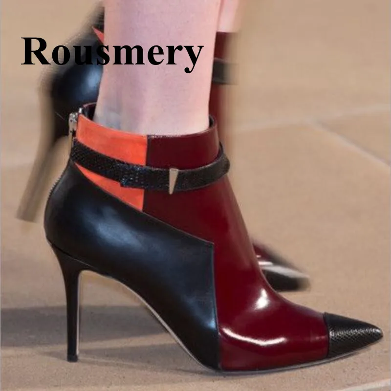 

Fashipn Mixed Color Sexy Pointed Toe Thin High Heel Buckle Desgin Rear Zipper Autumn And Winter Women Ankle Boots Normal Size