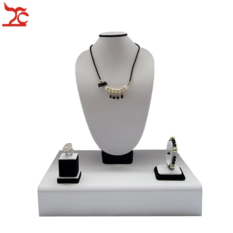 

Wooden Jewelry Display Counter Kit Black and White Pendant Necklace Ring Bracelet Stands Holder Watch Window Showcase Set Stand