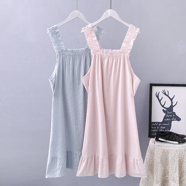 

plus Size Casual Nightgowns & Sleepshirts Summer 2019 Women Clothing Fashion Loose Spaghetti Strap thin Cotton Homewear K1-0552