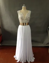 LF4 Vestidos de festa Echt 100% Sexy V-ausschnitt Weiß lange Abendkleid 2017 Sparkly Perlen Gold Gürtel Abendkleide Prom kleid