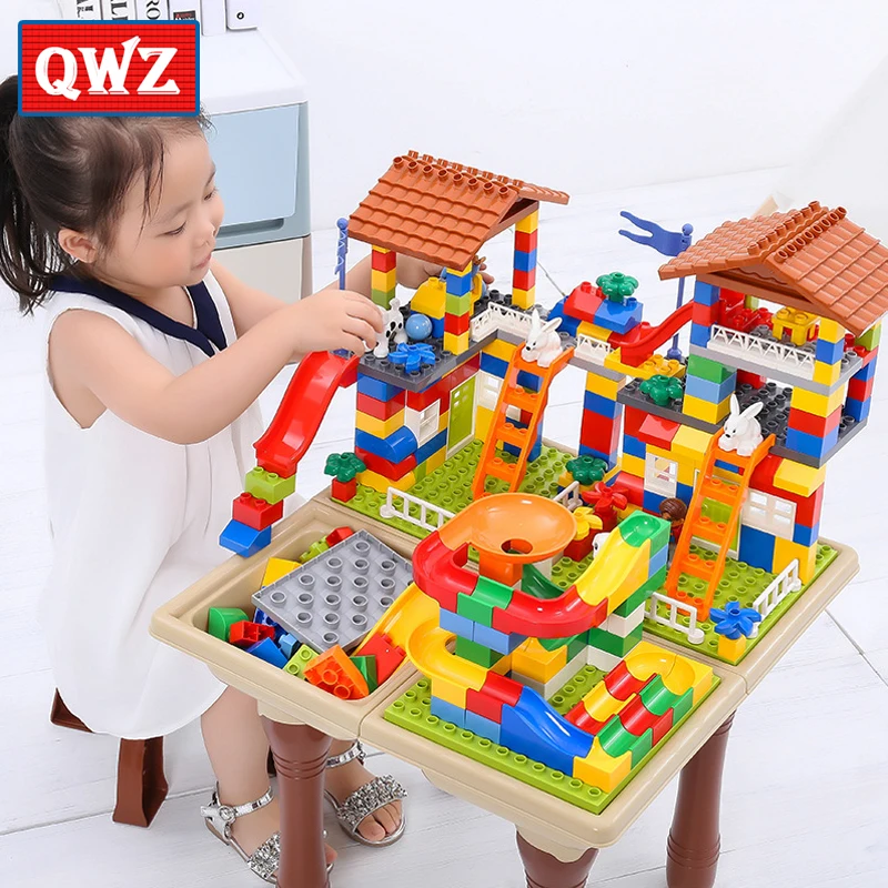 

QWZ Big Size Building Blocks Storage Table House Castle DIY Ball Track Bricks Kids Toys Compatible with Duplo Christmas Gifts