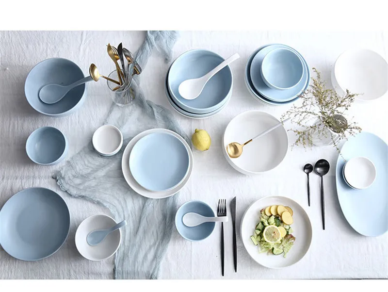 NIMITIME керамическая Скандинавская однотонная белая и синяя миска для риса, тарелка для еды, большой поднос, посуда и тарелки