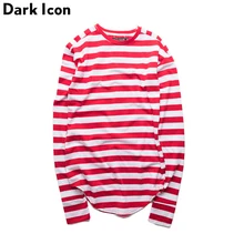 Полосатая футболка в стиле хип-хоп, Мужская футболка с длинным рукавом и отверстием на запястье, весна, базовая удлиненная городская футболка, Мужская футболка с изогнутым подолом Kpop, Мужская футболка