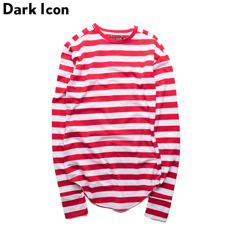 Goedkoop Gestreepte Hip Hop T shirt Mannen Lange Mouw Pols Gat 2017 Lente Basic Uitgebreide Urban Tshirt Mannen Gebogen Zoom Kpop Mannen #039;s T shirt