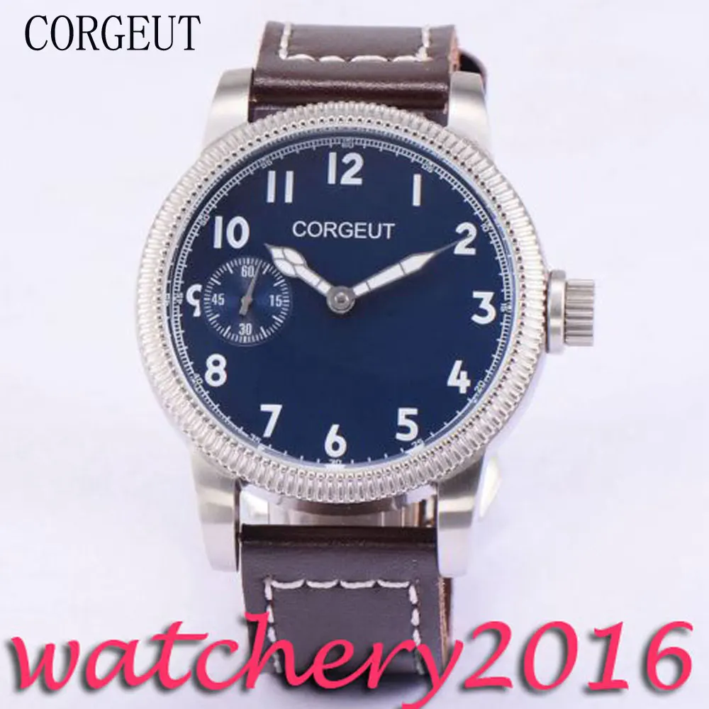 

Luxury Corgeut 45mm Blue Dial White Marks Luminous Hands 17 jewels 6497 Hand Winding movement Men's Mechanical Wristwatches
