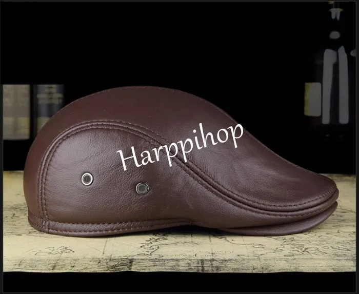 2019 New Design Men's 100% Genuine Leather  Cap brand Newsboy /Beret /Cabbie Hat/ Golf Hat winter warm hats with ears wool beret mens