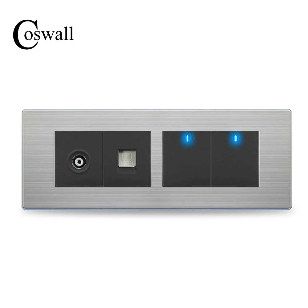 

COSWALL 2 Gang 2 Way Wall Light Switch LED Indicator With TV Outlet and RJ45 Internet Port Stainless Steel Panel 197* 72mm