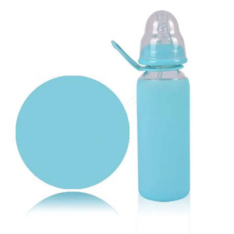 Baby Поильник младенческой продукт Сиппи кормушка-чашка молоко вода силиконовый чехол Стекло бутылочки с ручкой чашка для детей для младенцев - Цвет: 300ML Blue