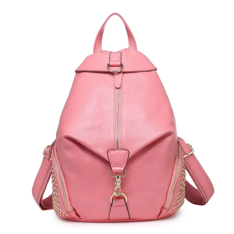 Fashion Genuine Leather Backpack Women Bags Punk Rivet Style Backpack ...