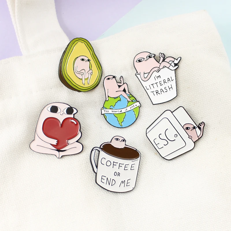 Ketnipz Meme Alloy Creative Pink Avocado Coffee "The World Is Urs" Globe Love Enamel Lapel Pins Brooch Badge Gift Jewelry