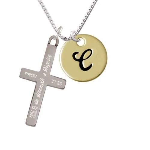 Large Gold Tone Disc Letter - C - 3/4'' - Strength and Dignity - Cross Necklace (1)