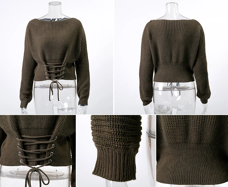 NLW Повседневный женский свитер со шнуровкой, Осень-зима, вязанный пуловер с длинным рукавом и круглым вырезом, свободный джемпер, топ, бандажный свитер