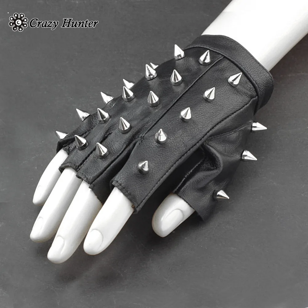 Full Spike Studded Women Lady Genuine Leather Fingerless Gloves Punk