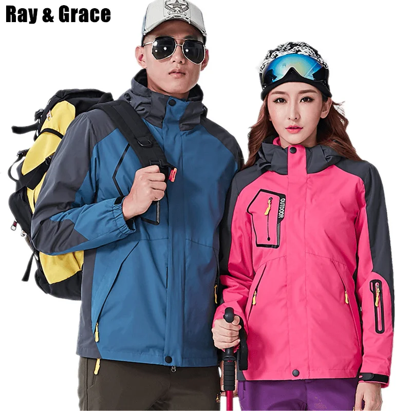 

RAY GRACE Winter Women Men Outdoor Thermal Hiking Camping Sports Coat Waterproof Windproof Jackets Suits With Fleece Liner