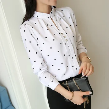 

White Polka Dot Womens Shirt Top Office Lady Long Sleeve Slim V Neck Feminine Blouse 2020 Autumn Korean Button Shirts Tops Woman
