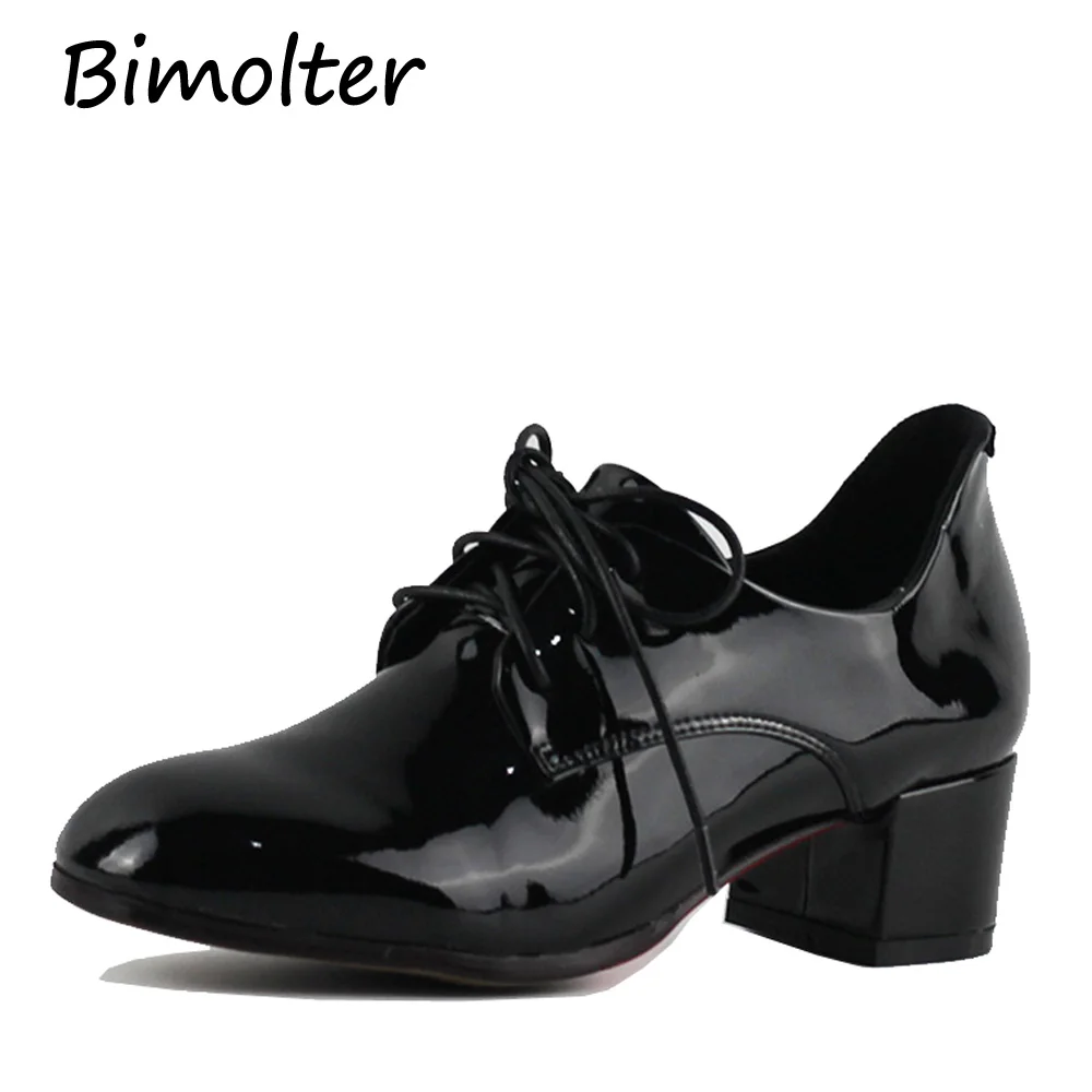 

Bimolter NEW Fashion Patent Leather Thick Med Heels Elegant Cross-tied Pumps Black Casual Office Female Shoes Spring PCWA004