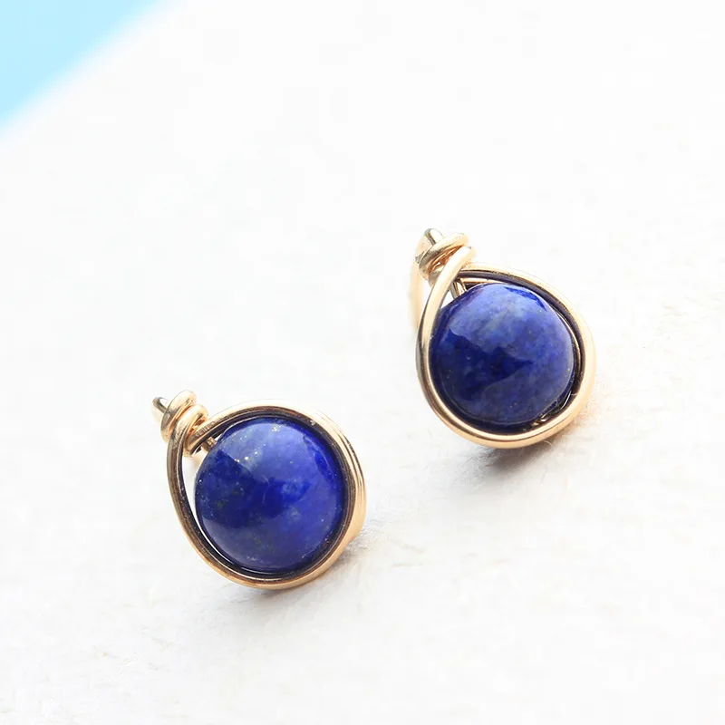 

PINJEAS Creative Lapis lazuli Stud earrings handmade Minimalist natural Wire Wrapped Earring Bridesmaid Gift