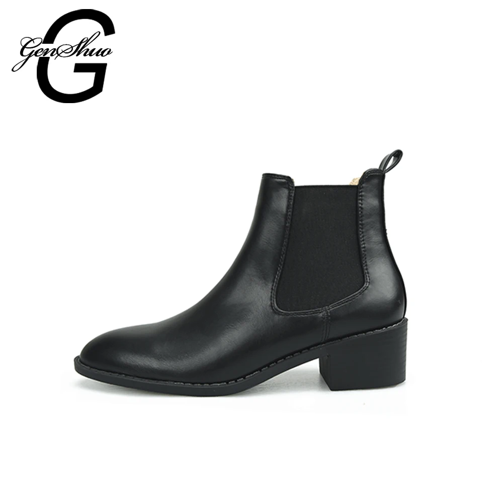 

GENSHUO 2018 Casual Women Boots Flat Winter Shoes Boots Warm Ankle Boots Elastic Band Ladies Shoes Square Heel Boots For Women