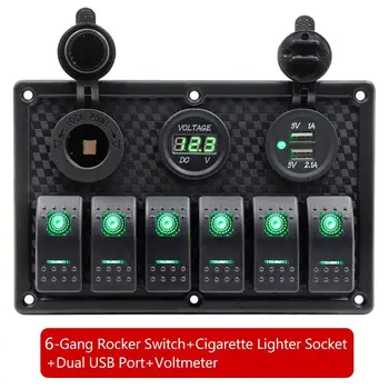 

12V-24V 6 Gang Green LED Waterproof Rocker Switch Panel Dual USB Cigarette Lighter Socket Voltmeter Switch Panel Circuit Breaker
