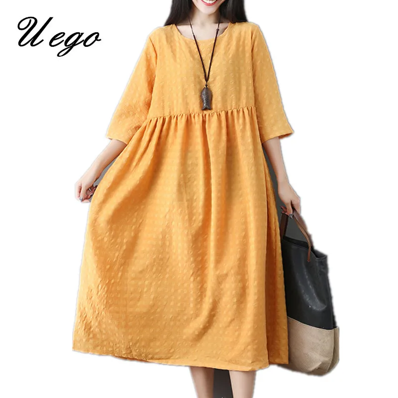 

Uego Soft Cotton Linen Spring Dress Fashion Jacquard Plus Size Loose Women Casual Midi Dress 2019 New Arrival Lady Party Dress