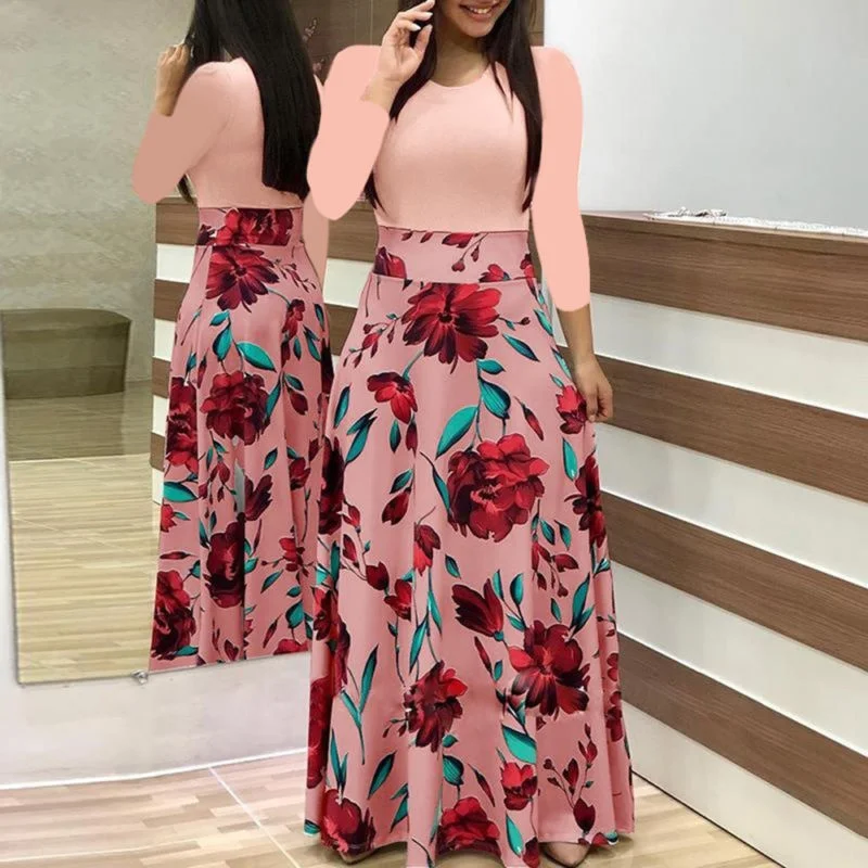 

Women Summer Autumn Sexy Party Dress Vestido Slim Flower Printed Long-Sleeved Plus Size Long Dress