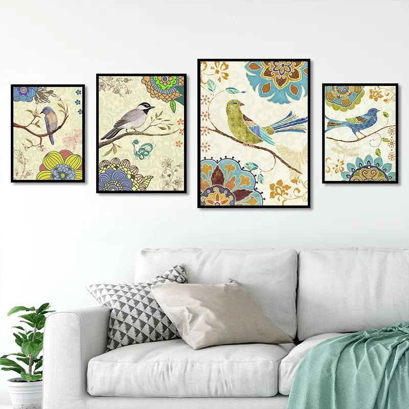 

Hot sale Nordic style bird Branch Leaf Flower colour Art Canvas Poster and Print Canvas Painting Decorative Wall Decor P0073