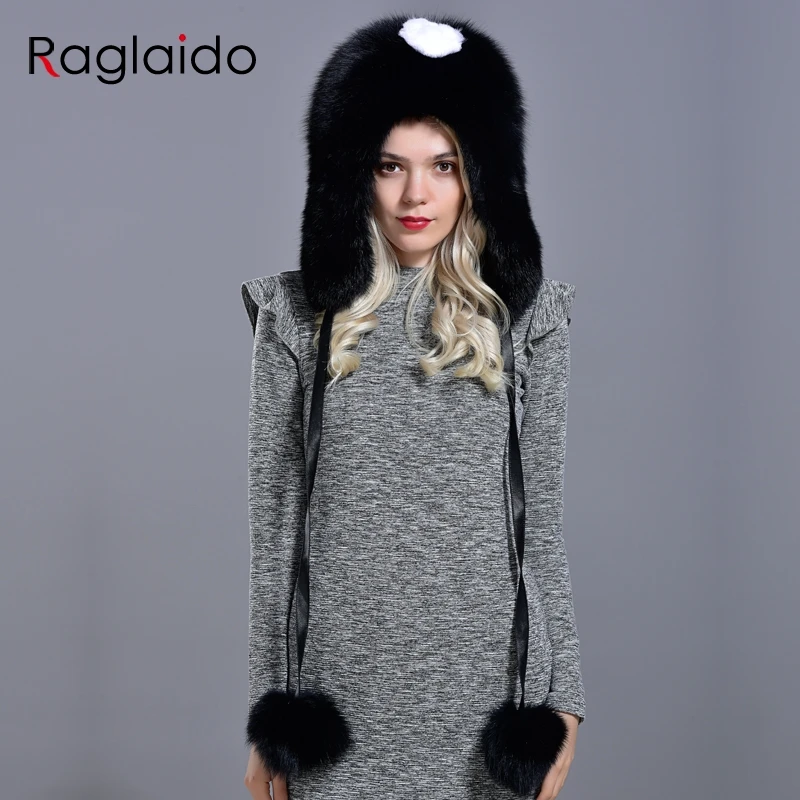 womens winter hats and caps natural fur fox hat with tails 2 balls fluffy fur elegant fashionable stylish warm hat with earflaps