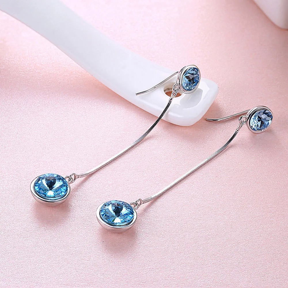 LEKANI,, синие кристаллы от SWAROVSKI, длинная цепочка, висячие серьги, S925 серебро, прекрасные серьги для женщин, свадебные подарки