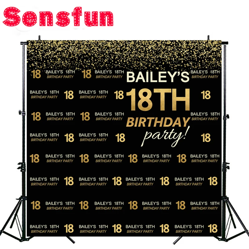 

Sensfun Bokeh Happy 18 Birthday Black Gold Children Birthday Custom Photography Studio Backgrounds Backdrops Vinyl 10x10ft