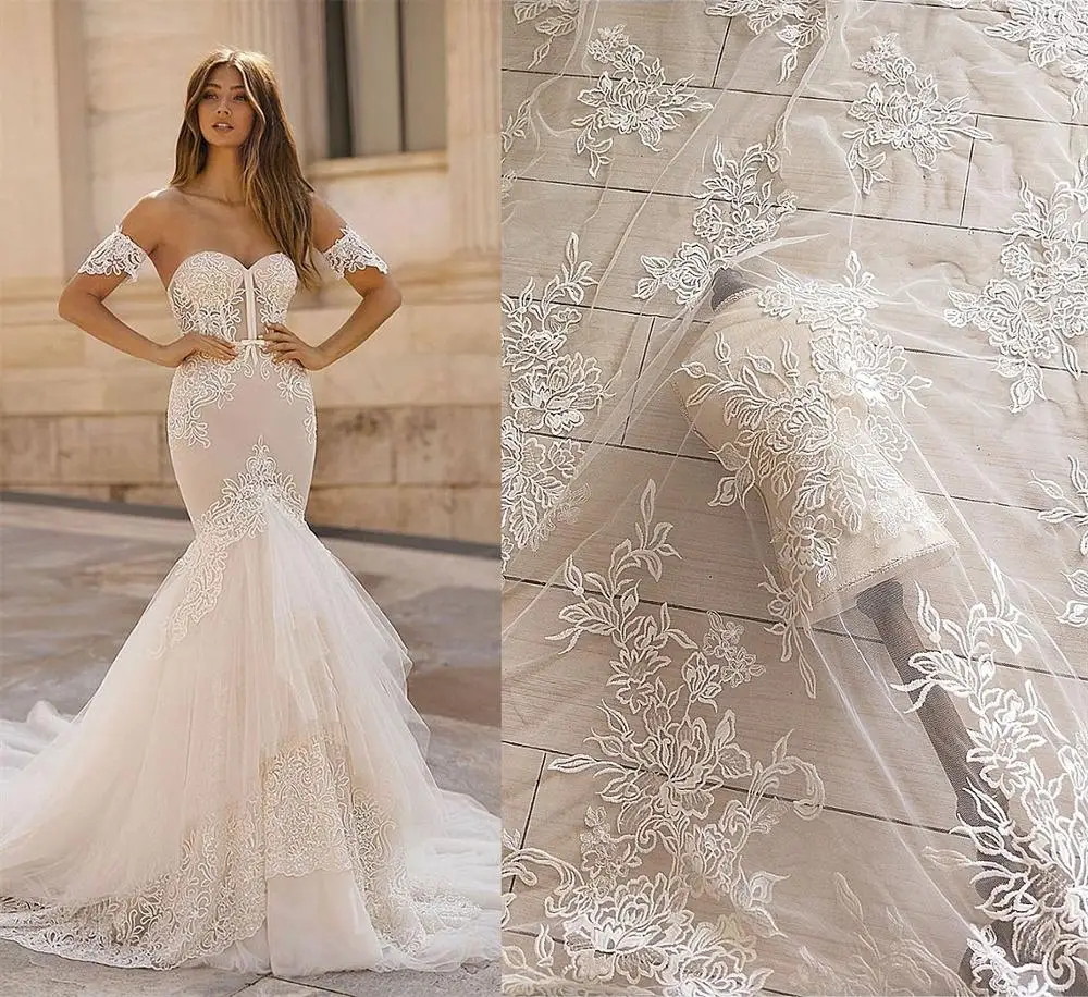 

New Summer High-end Embroidery Cotton Thread Sequins Lace Fabric Applique Wedding Dress Clothing DIY Accessories 130cm 1meter