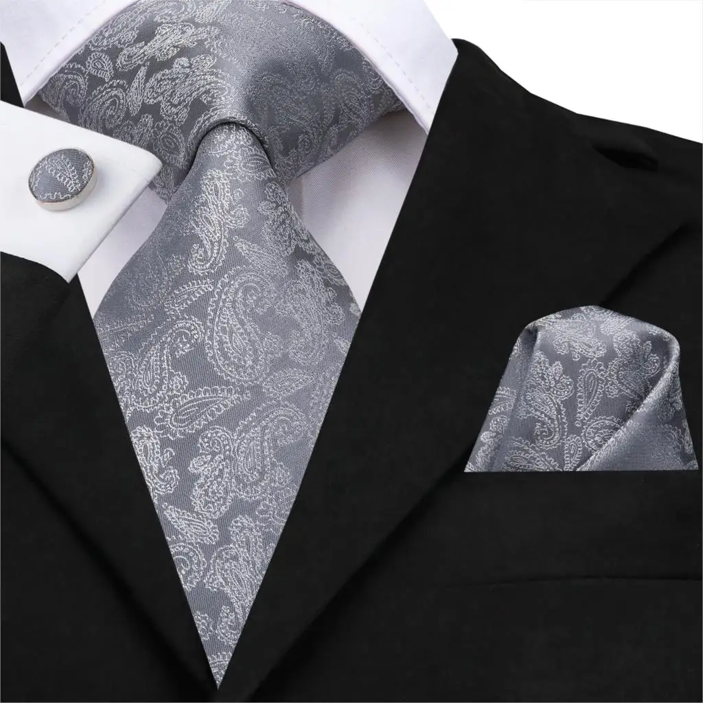 C 3153 Mens Silk Woven Floral Tie Necktie Pocket Square Cufflinks Set Luxury Silver Grey Ties