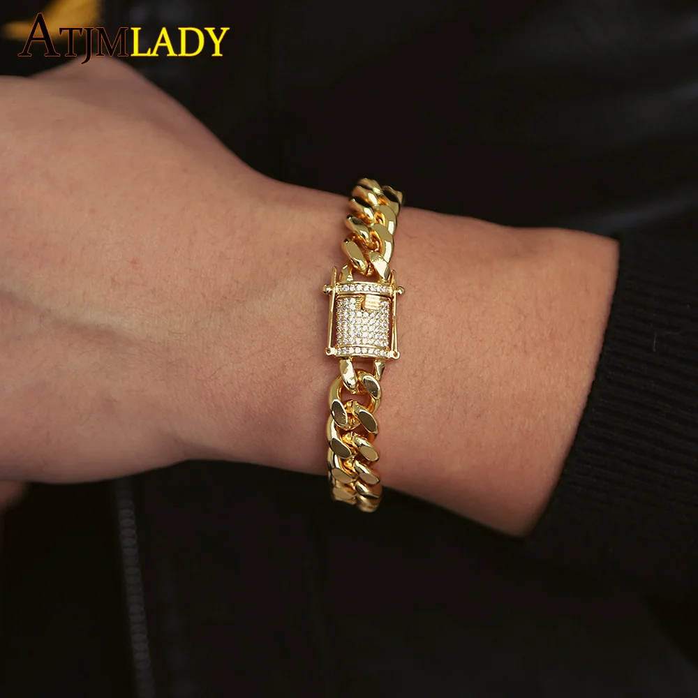 

Men's Hip Hop Miami Curb Cuban Bracelet Gold color Iced Out Paved Rhinestones Rapper Big Bracelet Jewelry 2019 christmas gift