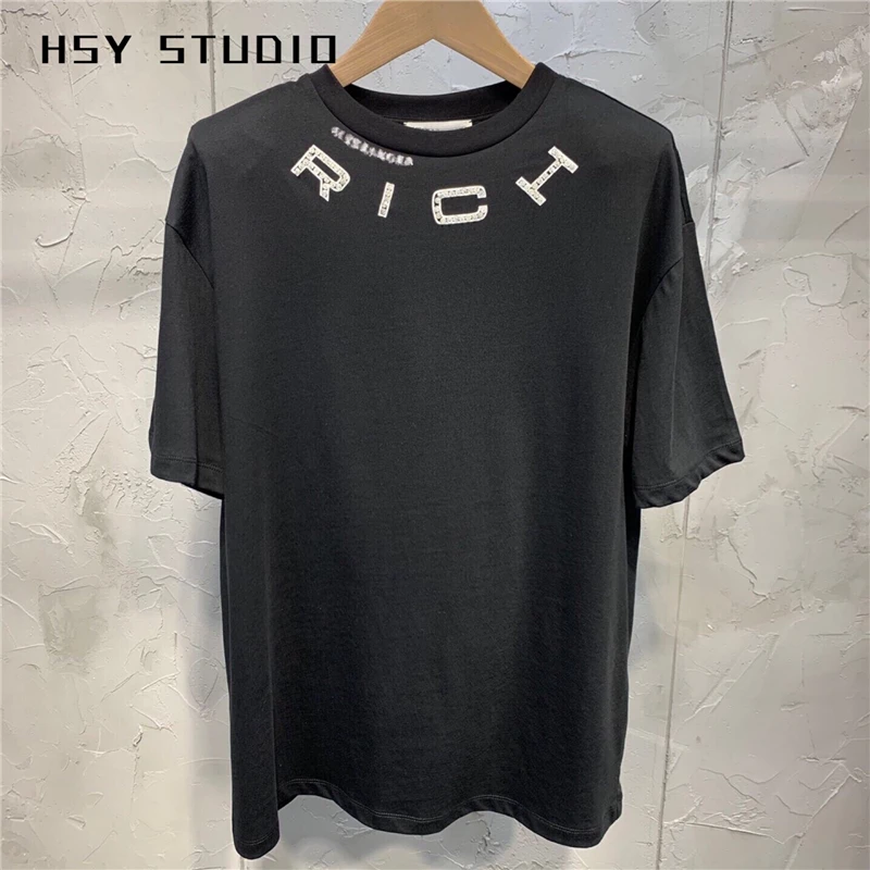 【HSY studo】2019 Новая летняя Черная Женская футболка с круглым вырезом и коротким