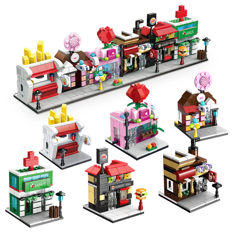 

compatible LegoINGlys architecture city Street view French fries Hamburger coffee Flowers candy store building blocks brick toys