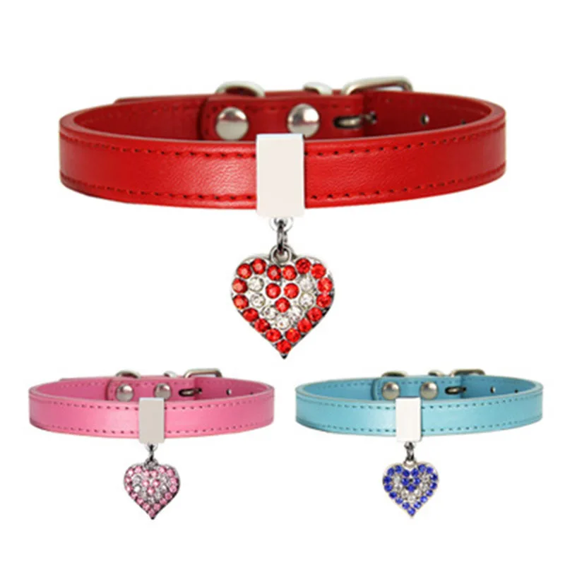 

PU Leather Pet Collars Peach Heart Diamond Crystal Pendant Fashion Dog Cat Necklace Puppy kitten Neck Strap Pet Accessories