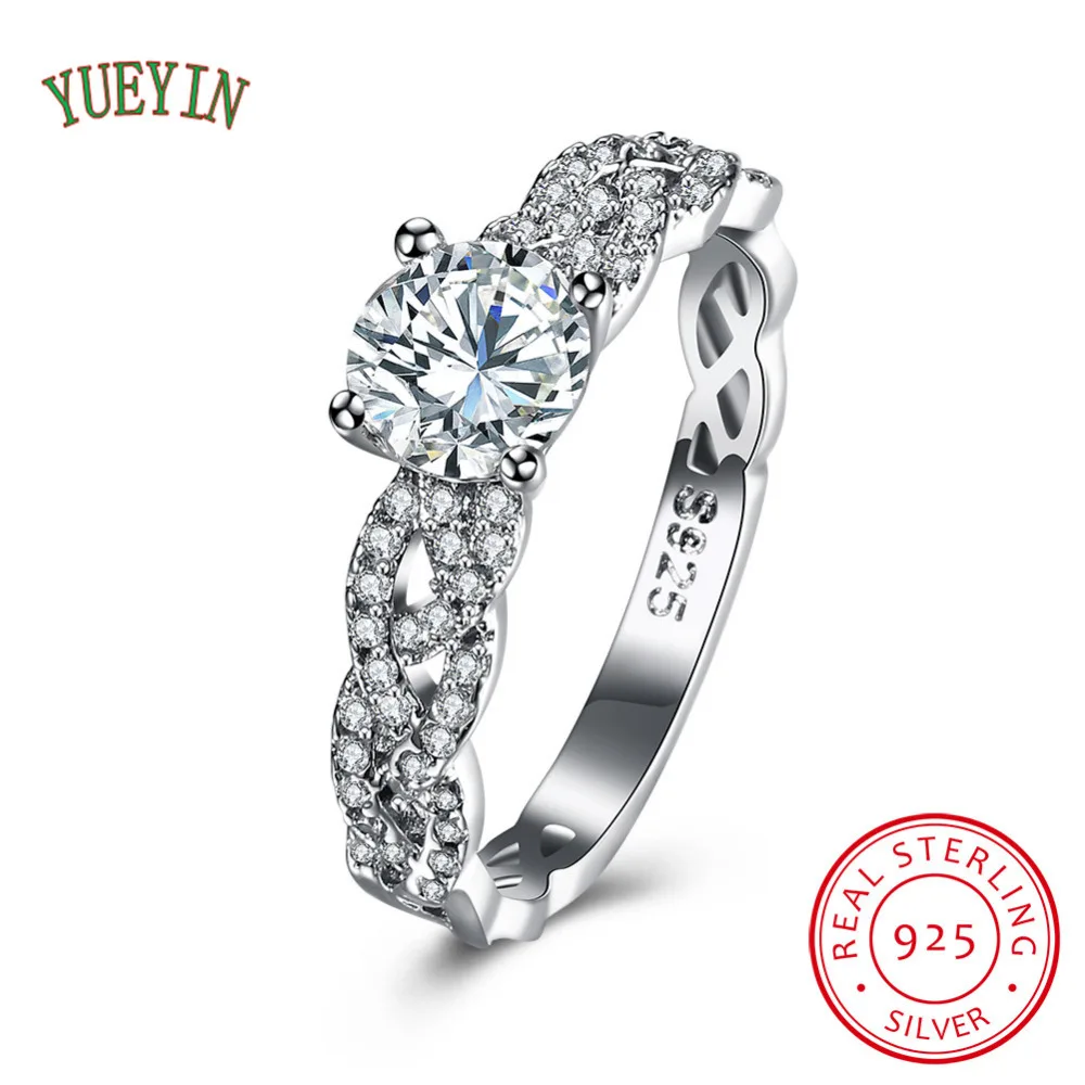 

YUEYIN Romantic 925 Sterling Silver round knit ring with clear CZ stone Finger Rings for Women fine Wedding Engagement Jewelry