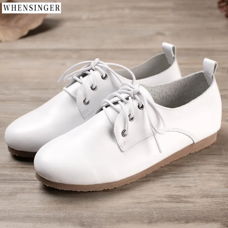 Whensinger Women Flat Shoes loafers Genuine Leather Casual white Tie Flats Shoe Comfortable