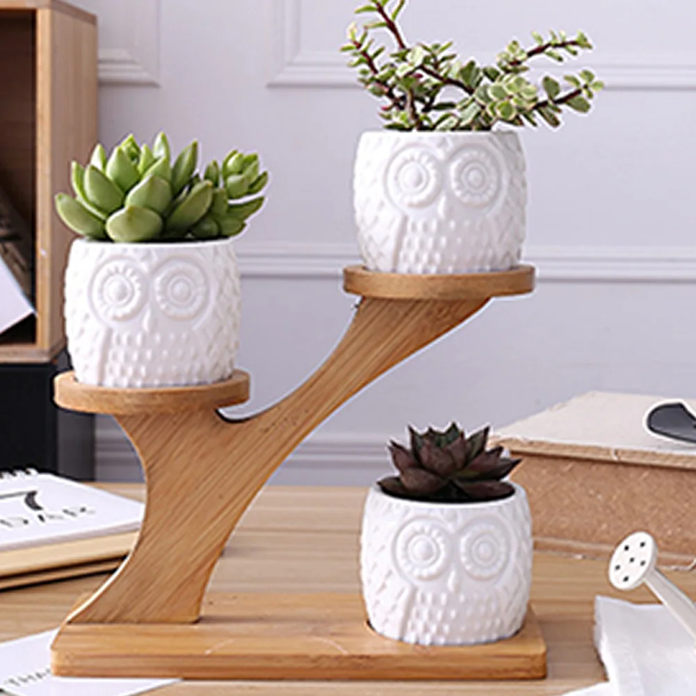 

3pcs Owl Shape Ceramic Flower Pot With 3 Tier Bamboo Holder Set Tidy Garden Modern Office Saucers Stand Home Desk Space Saving
