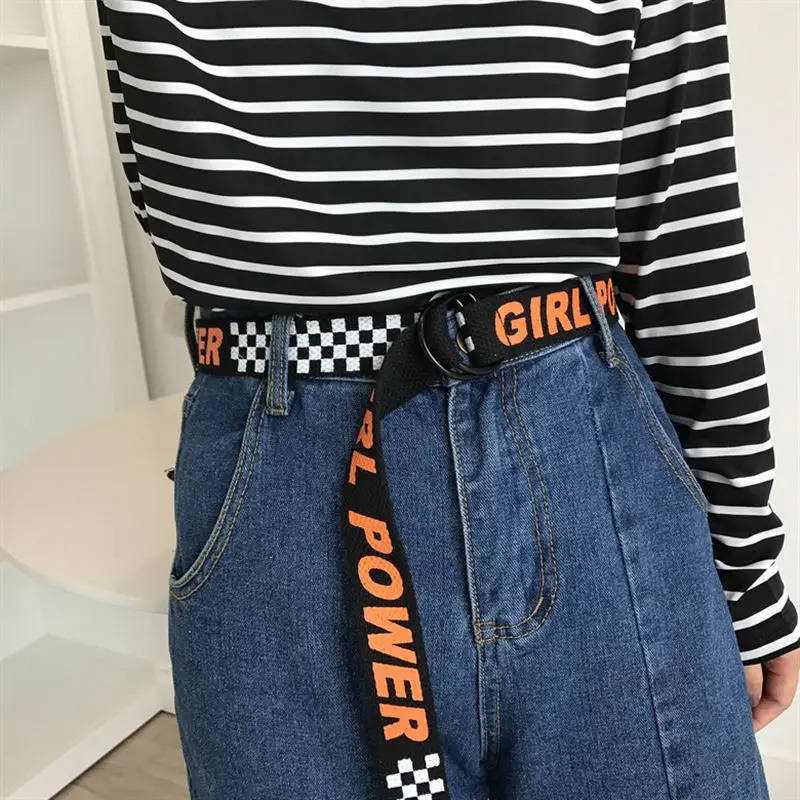 

Girl Power Women Belt Fashion Harajuku Double D Ring Buckle 130cm Long Strap Female Letter Printing Canvas Belts For Jeans 123