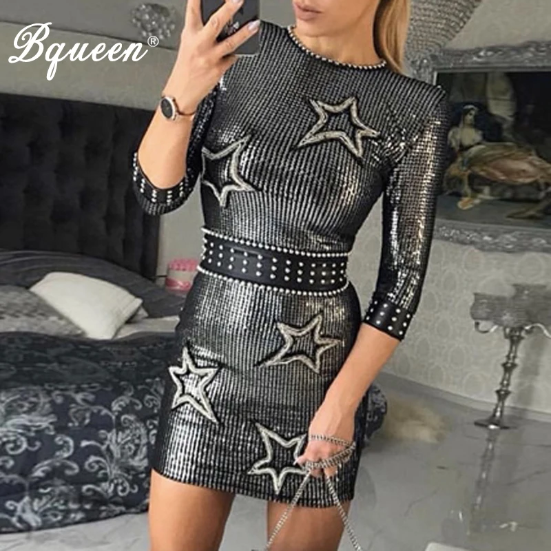 Женское облегающее платье с пайетками Bqueen зимнее элегантное мини геометрическим